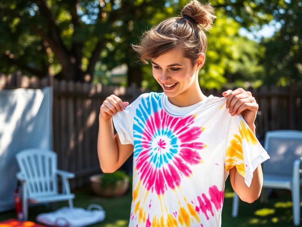 O tânără zâmbește în timp ce își admiră tricoul colorat cu un model tie-dye, într-o grădină primăvăratică.