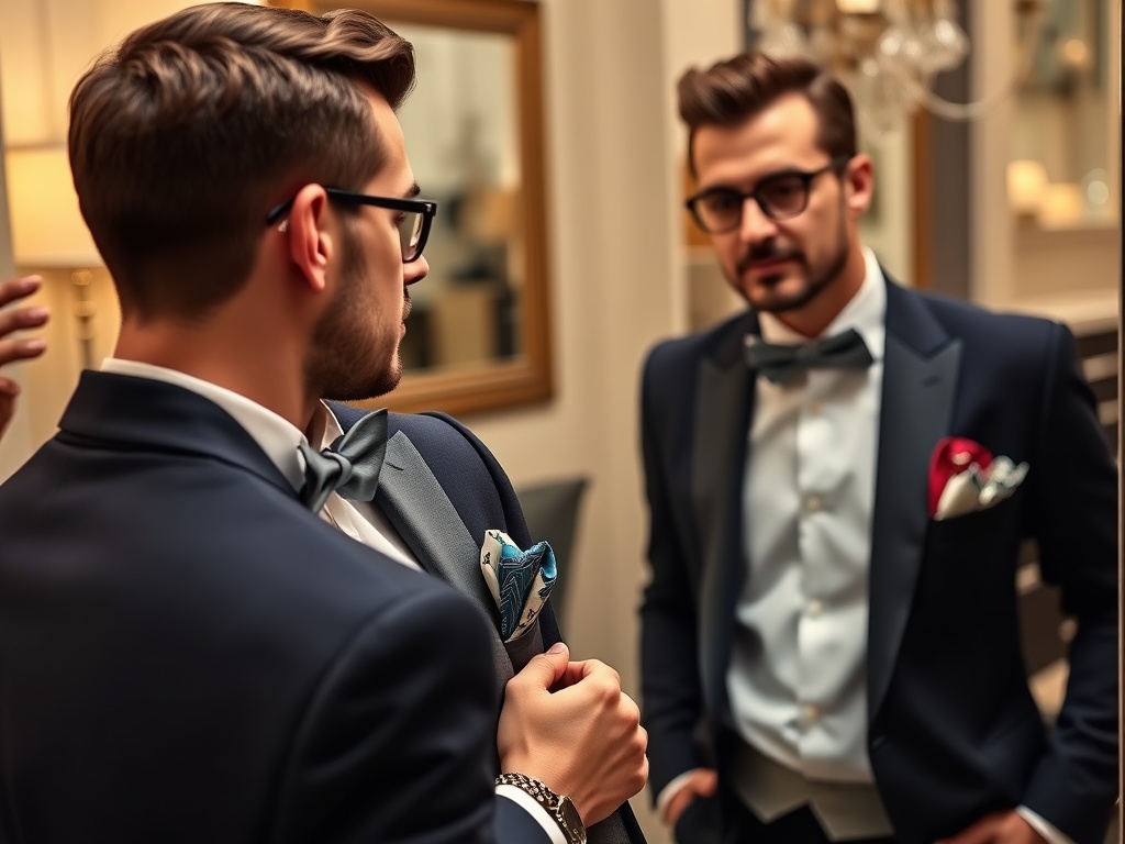 Un bărbat îmbrăcat elegant se pregătește în fața oglinzii, ajustând costumul și papionul.
