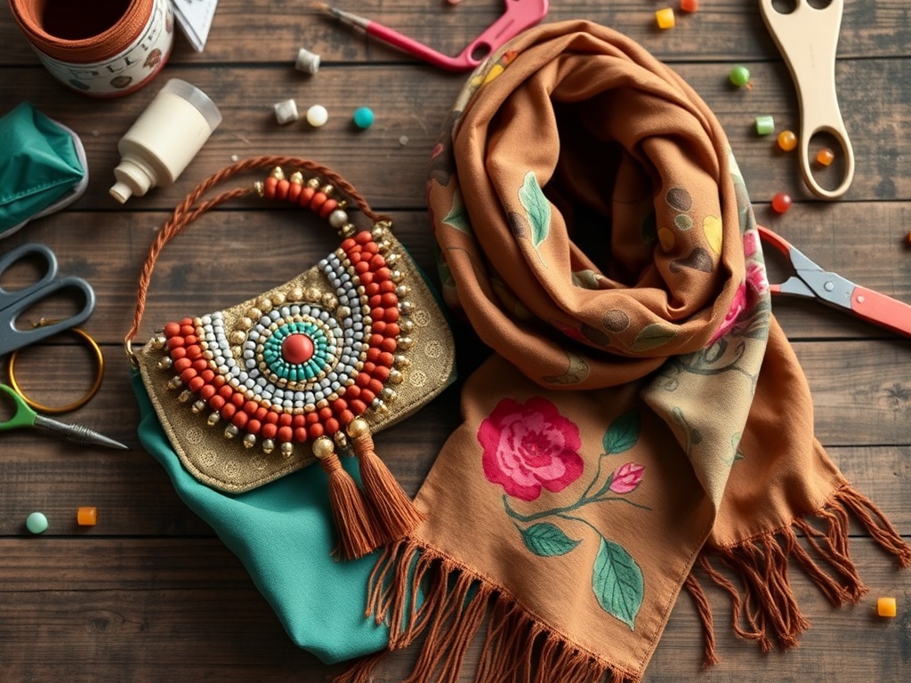 O poftă de lucruri creative: o geantă de mână colorată, un fular cu flori și diverse unelte de craft.
