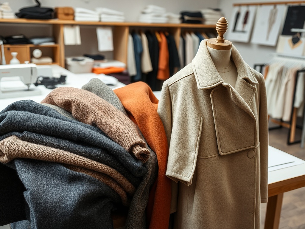 Mâncăruri de stofe, un palton bej pe un manechin și un atelier de modă în fundal.